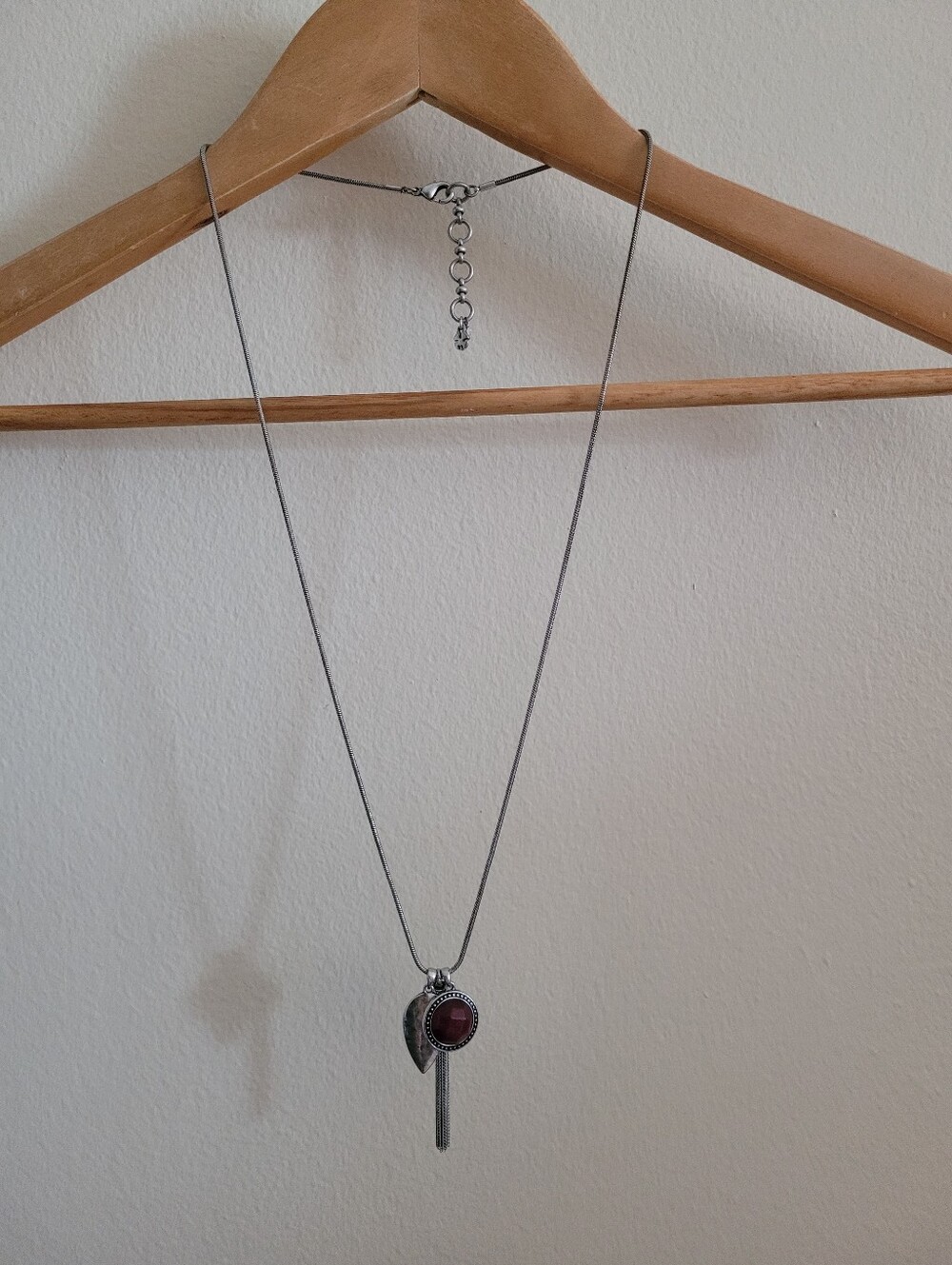 Lucky Brand Long Triple Pendant Necklace, Silver Toned & Burgundy - Picture 2 of 5